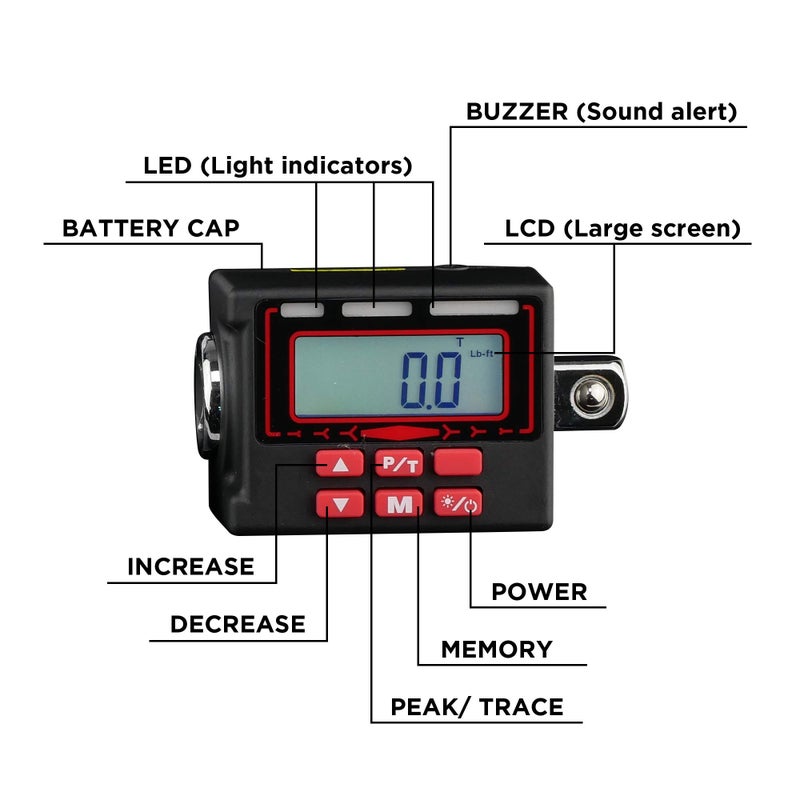 KAIFNT K553 Digital Torque Adapter, 1/2-Inch 12 to 250 ftÂ·lbs, Buzzer/LED Flash Notification, Dual Direction - Image 2